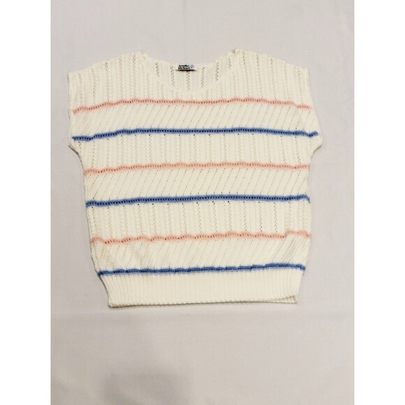 Vintage 80s Open Knit Striped Sweater Shirt Womens Medium Oversized Top - Picture 6 of 10